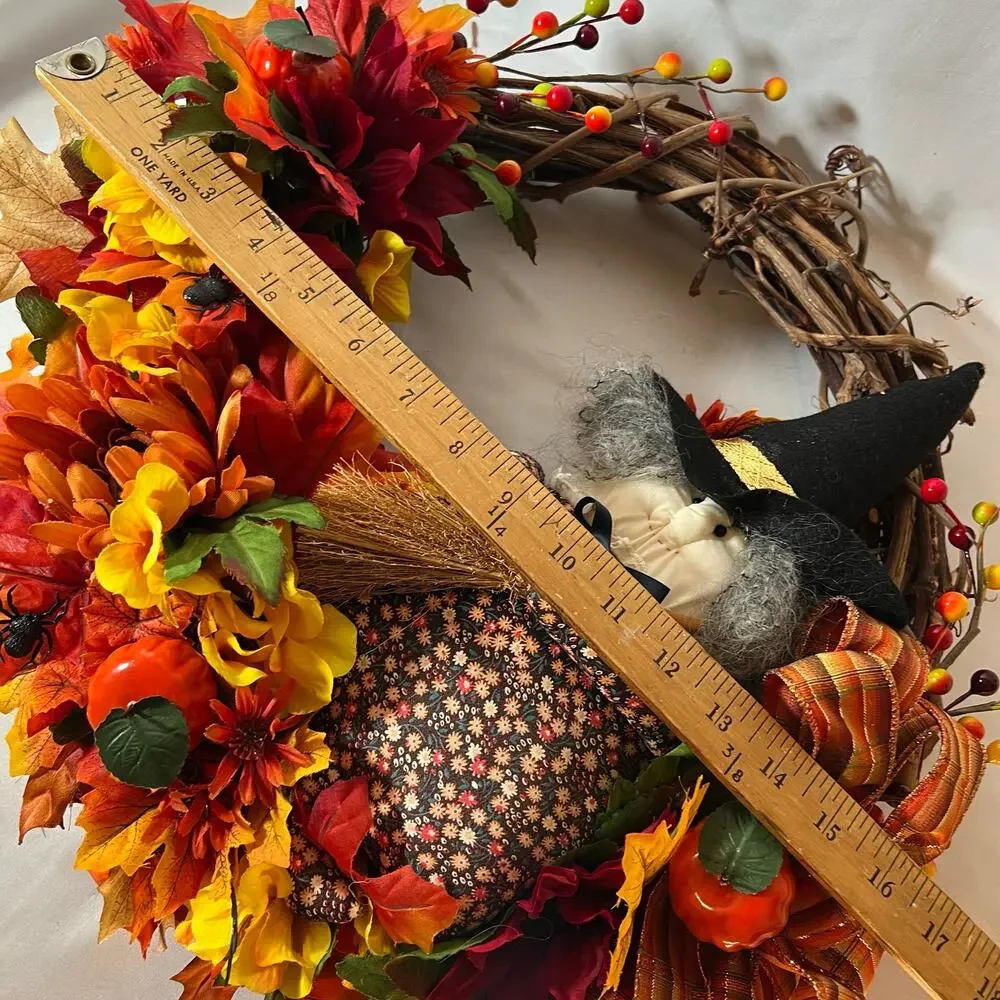 Vintage Halloween 17” Grapevine Wreath Witch Fall Leaves & Flowers Multicolor